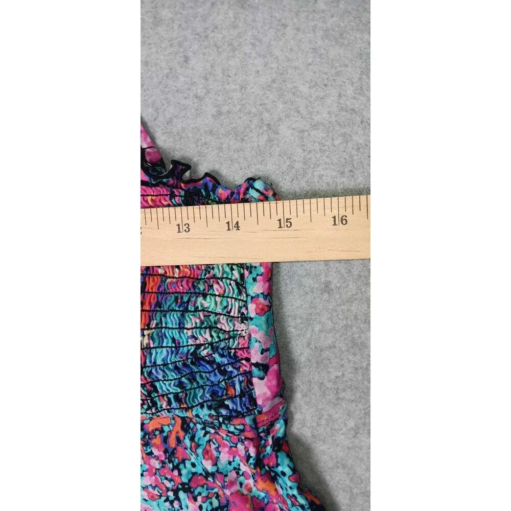 Kenneth Cole Reaction Bandeau Tankini Top L Watercolor Halter Smocked Swimsuit